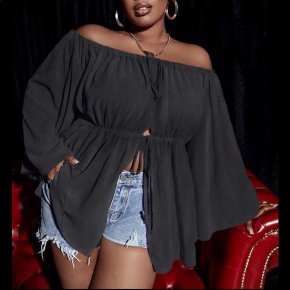 Boho Plus Size Off Shoulder Sheer Open Front Self tie Top Blouse Vibrant Orange - Picture 8 of 10